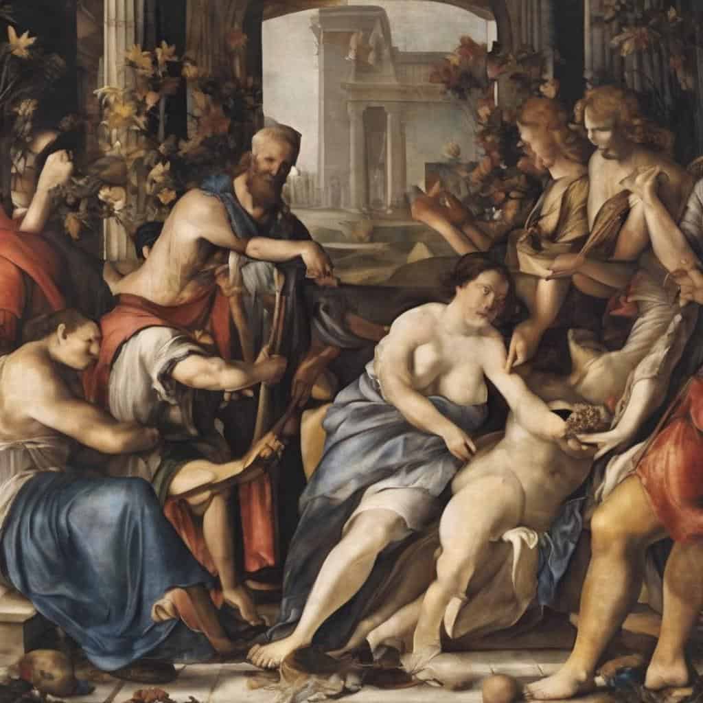 Εικαστική έκφραση στον χρόνο, αναπαράσταση του έργου της Αναπαράστασης του Νίκολας Πουσένι, με θέματα μυθολογίας και ανθρώπινης δημιουργίας, αποτυπώνοντας την πολιτιστική εξέλιξη και την τέχνη.