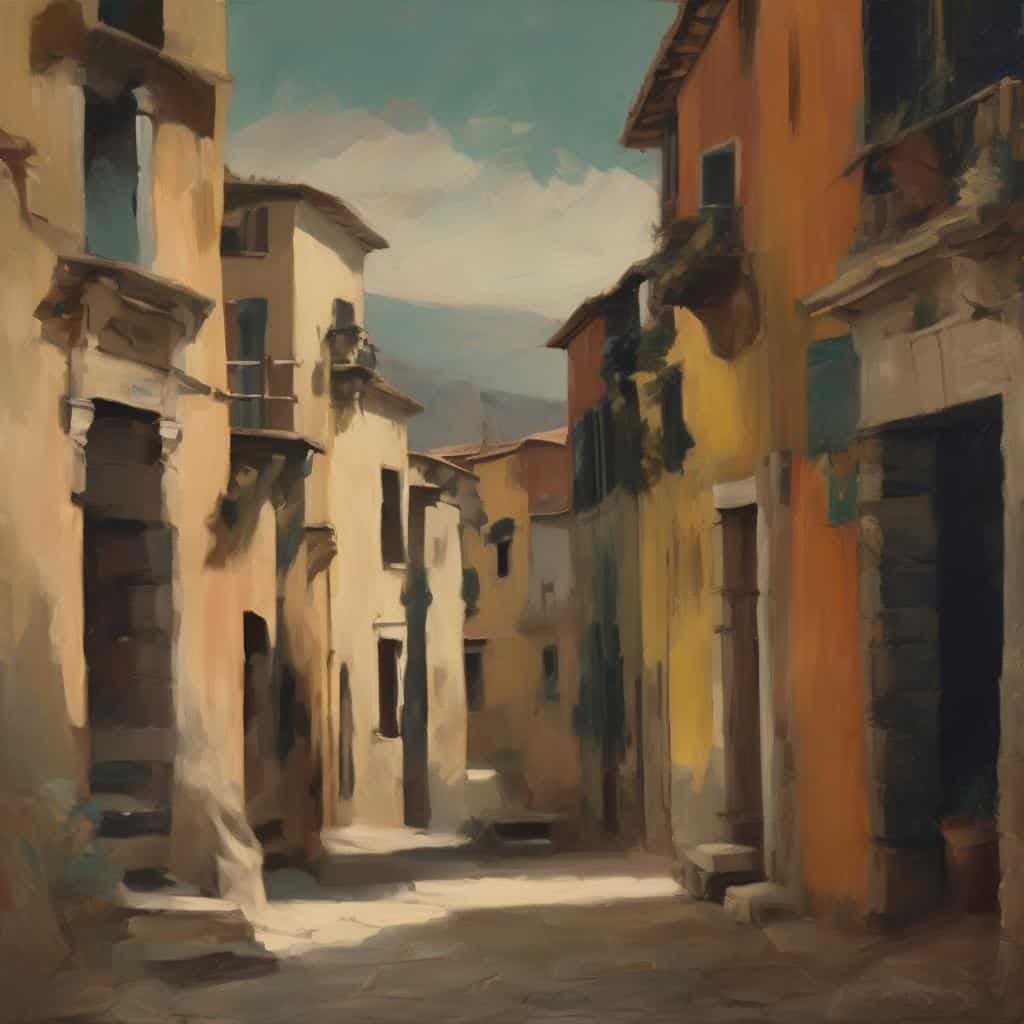 Μεσαιωνική, ηρεμία, αρχιτεκτονική, οδός, ζωγραφική, πολιτισμός, τοπία, εικαστική έκφραση, τέχνη, ομορφιά, παραδοσιακή, γοητευτική, ιστορική, χαρακτήρας, ατμόσφαιρα, χρώματα, φως, σκιά, καλλιτεχνική, καλοσχεδιασμένη, πολιτιστική, μοναδική, παραδοσιακή αρχιτεκτονική.