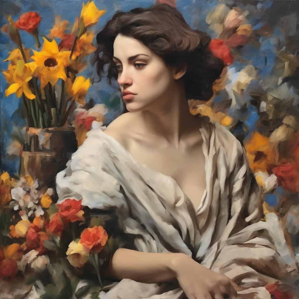 Ομορφη γυναίκα με λουλούδια, ζωγραφική στον καμβά, τέχνη και έκφραση στον χρόνο, εικαστικές δημιουργίες, μοντέρνα τέχνη, πορτρέτο, ζωγραφική ανοιχτόχρωμη, καλλιτεχνική εικόνα, σύγχρονη τέχνη.