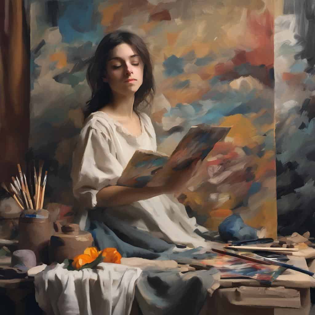 Ζωγραφίζει νεαρή γυναίκα σε καμβά, με υπέροχα χρώματα και πινέλα, μέσα από μια καλλιτεχνική έκφραση στον χρόνο.