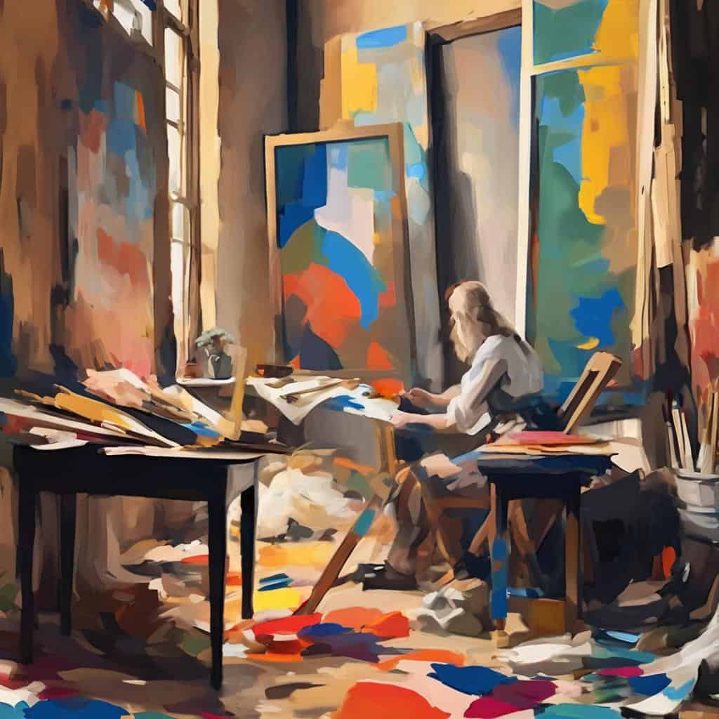 Νεαρή καλλιτέχνιδα στον ιδιωτικό της εργαστήριο, δημιουργεί πολυεπίπεδη τέχνη με έντονα χρώματα και αφηρημένες μορφές σε έναν χώρο γεμάτο έμπνευση και εφευρετικότητα.