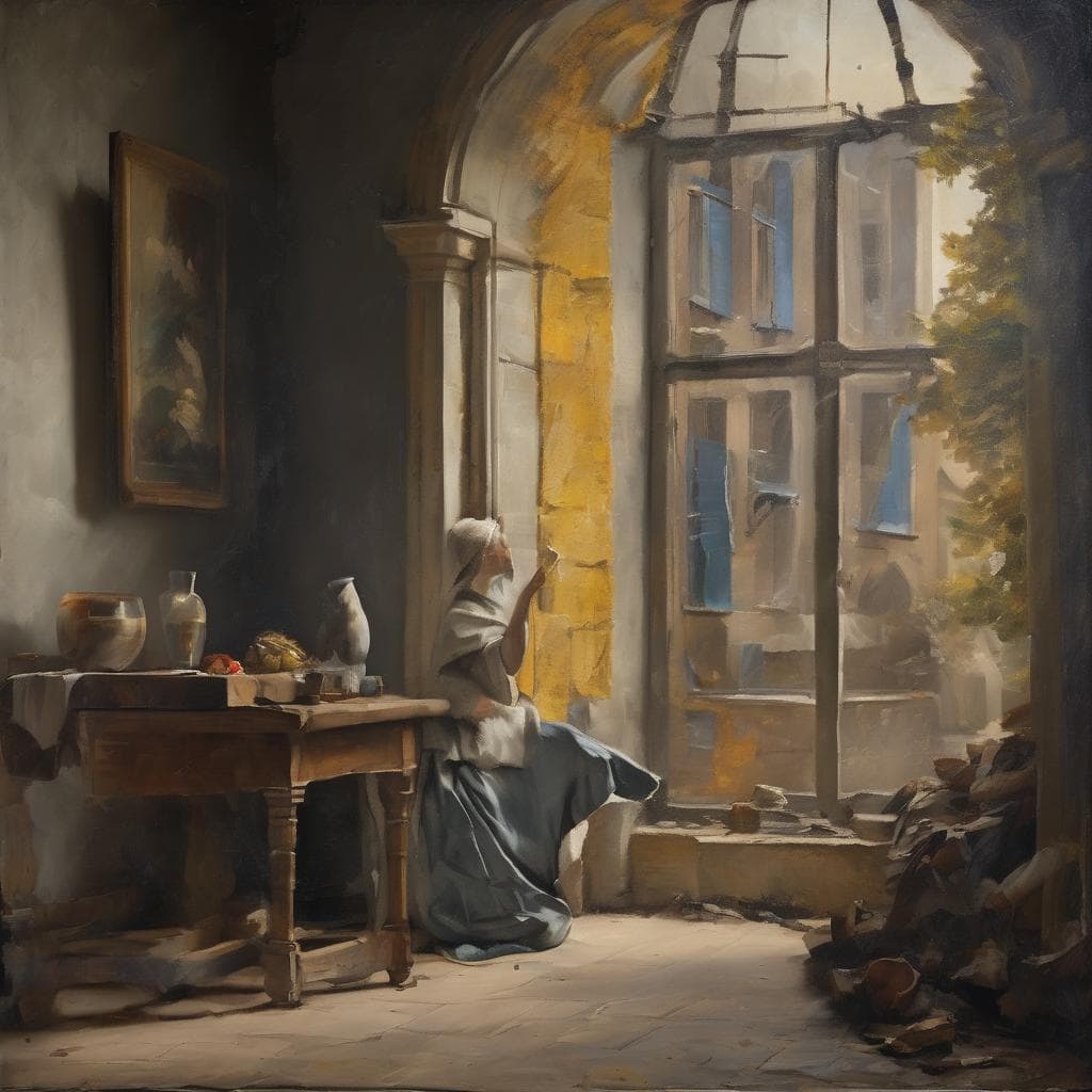 Παλιά ζωγραφική του εσωτερικού με γυναίκα καθισμένη κοντά σε παράθυρο, φυσικό φως, αντίκες και πίνακες τέχνης.